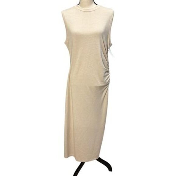 Vince Moss Pale Fawn Beige Ruched Side Sheath Midi Dress - Picture 1 of 2